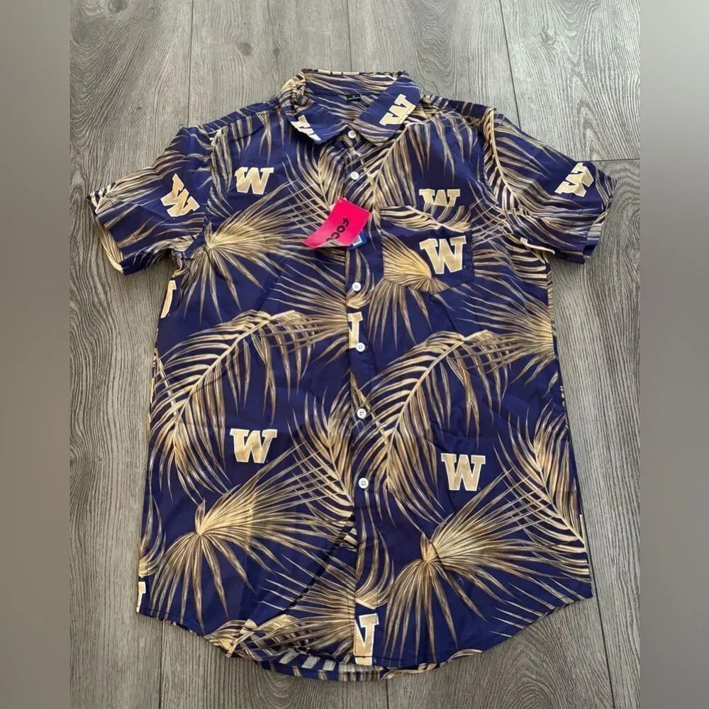 Foco Washington huskies Hawaiian button down Men's Blue and Gold Patterned Shirt